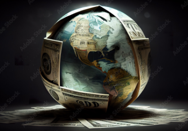 A globe wrapped with u.s. dollar bills stands illuminated on a dark background.